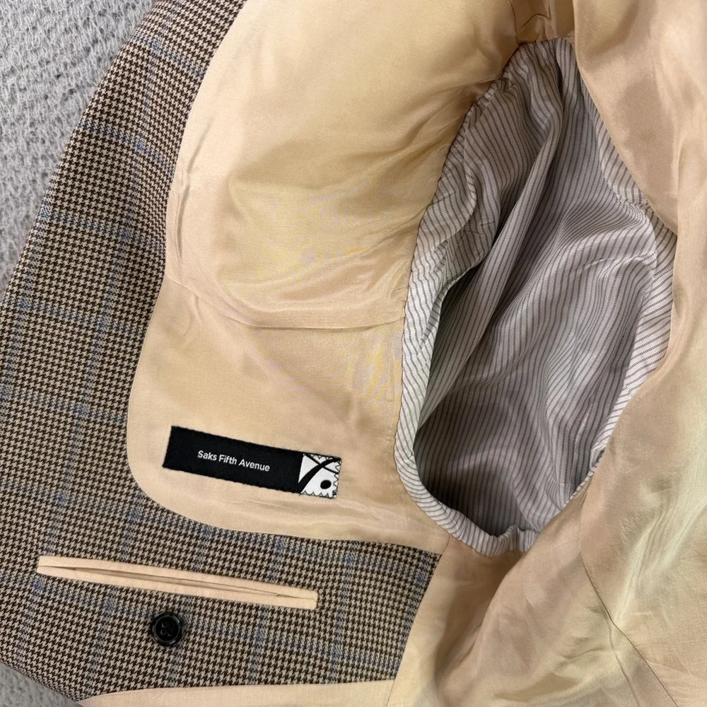 Saks Fifth Avenue Blazer Mens 44R Brown Loro Piana Wool Houndstooth Sport Coat